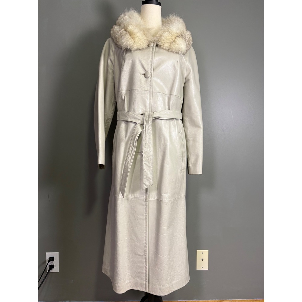 Vintage 70s Peter Caruso Leather Fox Fur? Collar Coat Women L Long Belted Retro